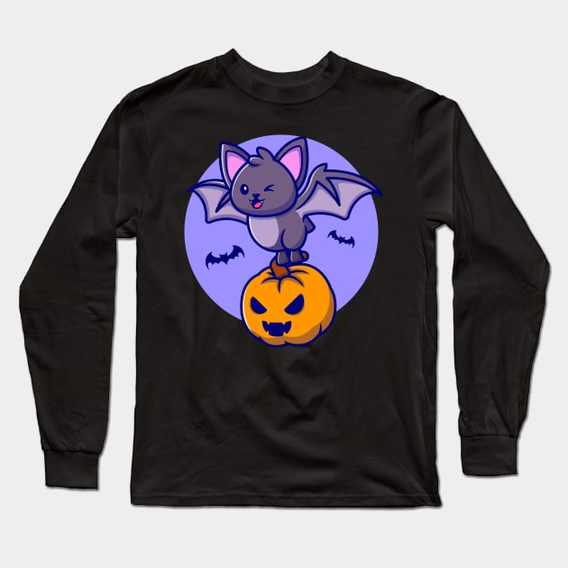 Cute Bat With Pumpkin Halloween Cartoon Long Sleeve T-Shirt by Catalyst Labs